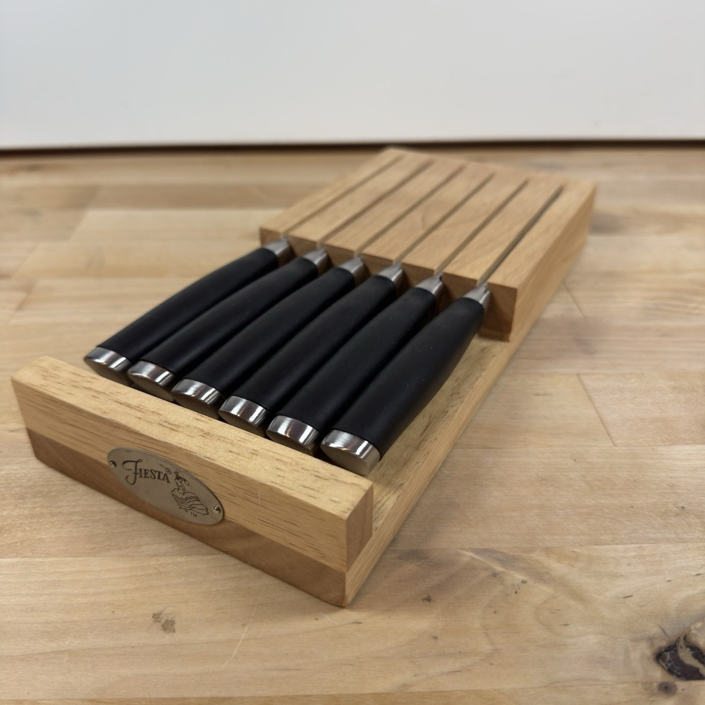 FIESTA Set of 6 Stainless Steel Steak Knives With a Wood Holder - Black